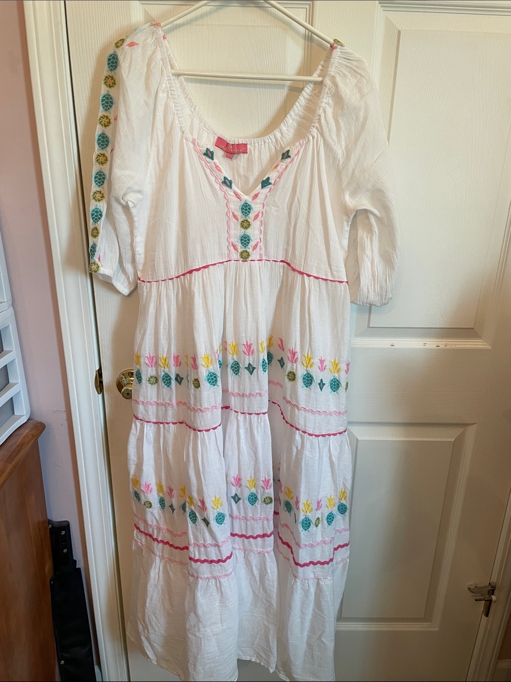 Simply Southern White Embroidered V-Neck Top - Pink & Teal Accents